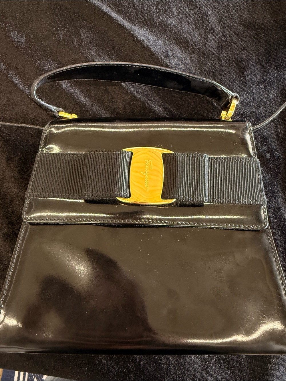 Salvatore Ferragamo Black Patent Vara Bow Shoulder Bag with Gold Hardware 2 way